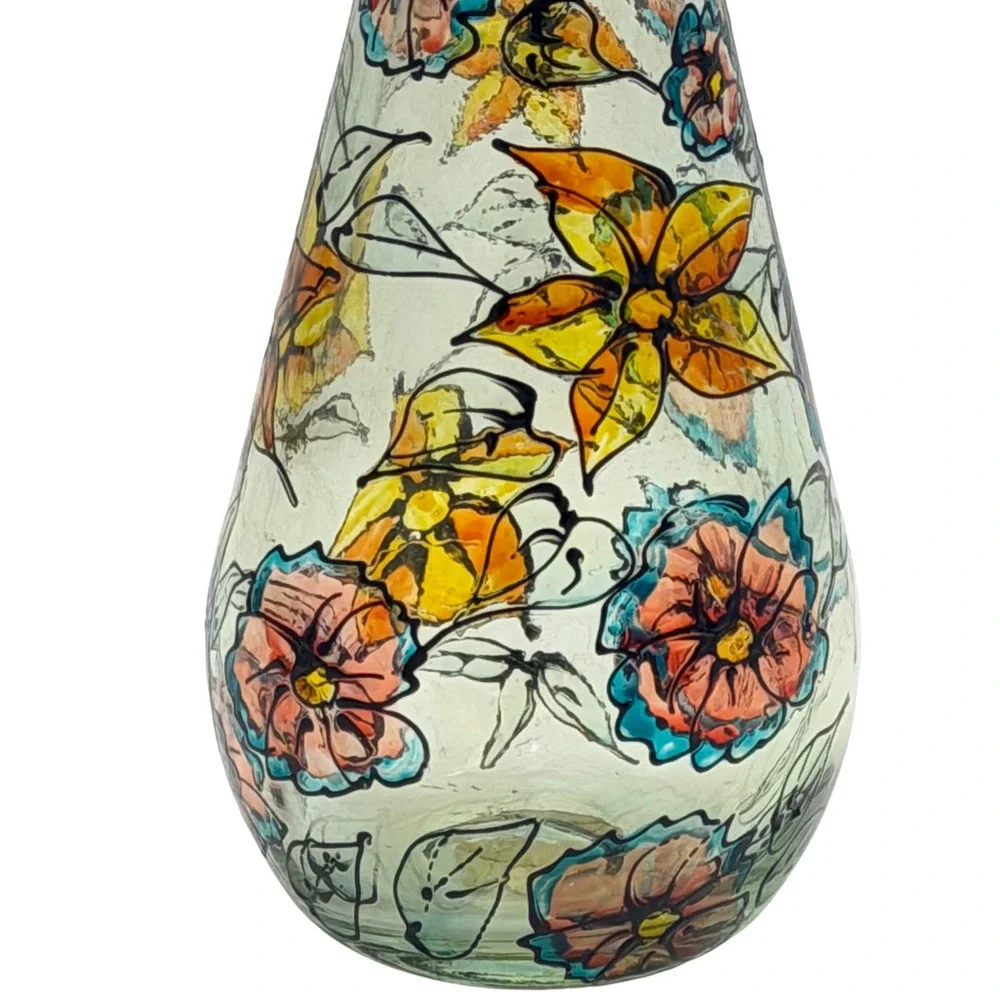 Hand Painted Floral Glass Bottle Home DecorCork Stopper England Artisanal 10in